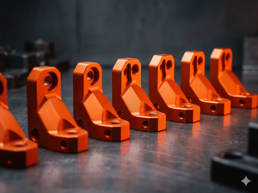 Serie orange eloxierter Aluminiumbauteile aus der Produktion